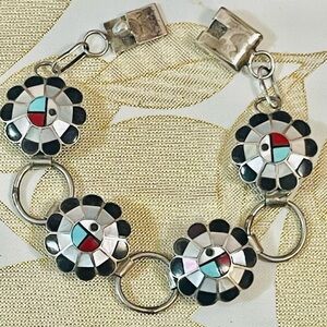 Vtg Native American ZUNI Sterling concho Inlaid Onyx Pearl Coral Bracelet Sz 6”